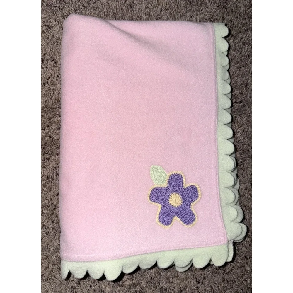 Carter's Baby Pink Blanket Green‎ Scalloped Trim Purple Flower Rare